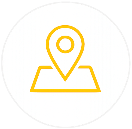 Yellow map pin icon on a white background inside a circle.