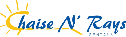 Logo with sun graphic, text 'Chaise N' Rays Rentals' in blue.