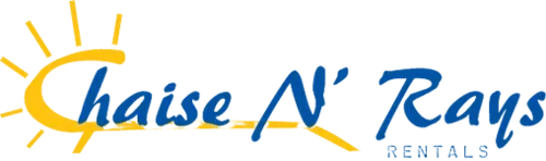 Logo with sun graphic, text 'Chaise N' Rays Rentals' in blue.